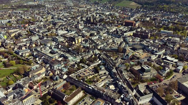 An aerial panorama view of the city Trier,  on a sunny early spring noon in Germany beside the river Mosel.