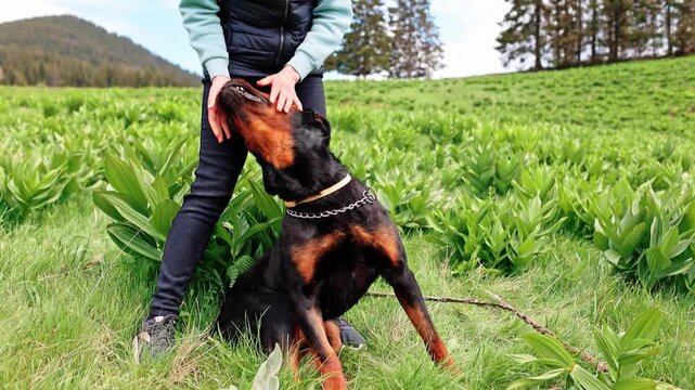 Girl is playing with dog-Rottweiler in grassy green meadow against the backdrop of trees and hills