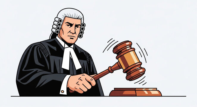 Judge in wig and robes holding a gavel in courtroom.