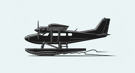 Black seaplane illustration on a light blue background. © Agos