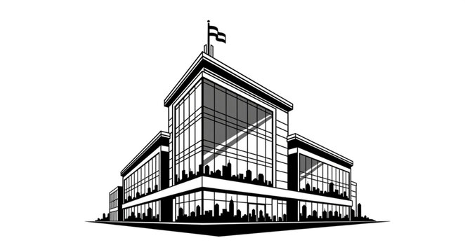 Modern Commercial Building with Large Windows and Flag.