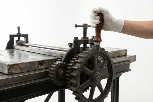 Hand wearing a white glove turning the wooden handle of a large vintage iron mangle or printing press gear wheel