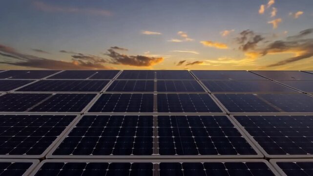 A large solar panel array stretches across the foreground, with rows of dark blue photovoltaic cells reflecting sunlight, set against a vibrant orange and yellow sunset sky with scattered clouds
