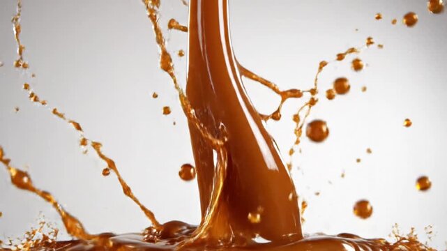 A close-up shot of a brown liquid splashing upwards, creating a dynamic crown-like shape with droplets flying in all directions
