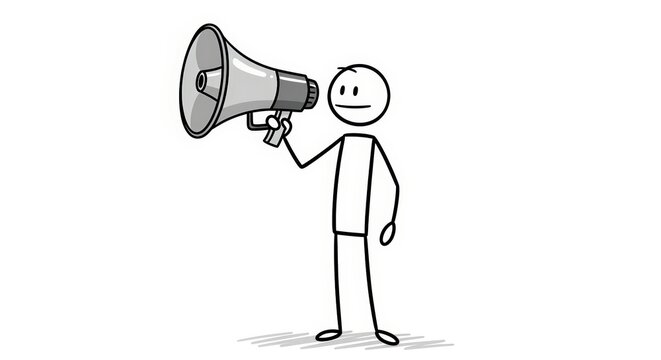 Megaphone Stick Figure Man Holding Announcing Isolated on White Background Black and White Illustration