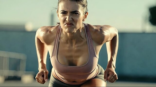 Sweaty determined athletic woman in starting block position ready to sprint on an outdoor track for a fitness and challenge concept