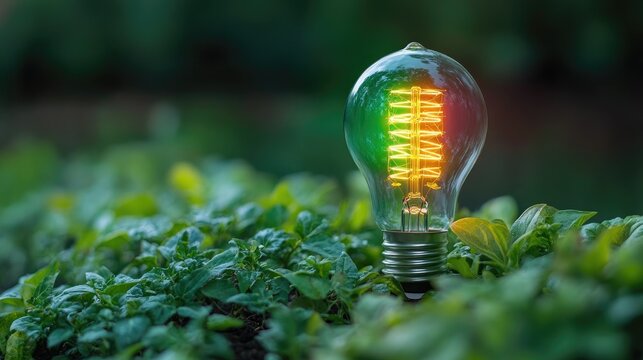 Light bulb in hand. Light and electricity tariffs. Energy costs. Energy efficiency classes of household appliances with color markings. Green energy.