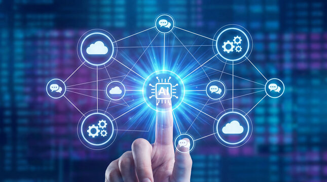 Hand touching a glowing artificial intelligence (AI) chip within a digital network of cloud, communication, and gear icons.