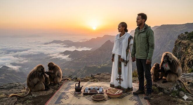 Ethiopian Couple and Gelada Baboons Watching Sunrise with Coffee Ceremony in Simien Mountains.