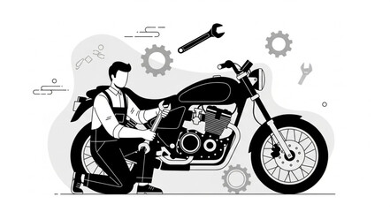 Mechanic working on a motorcycle with tools and gears. © Pras