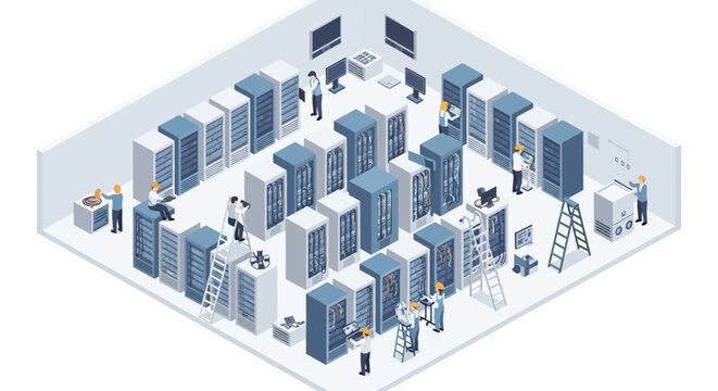Isometric view of a modern data center with technicians working among server racks and networking equipment