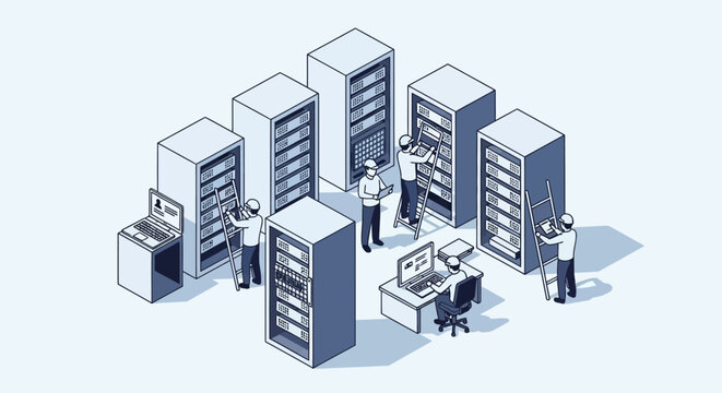 Isometric vector illustration of IT professionals working with server racks and computers in a data center
