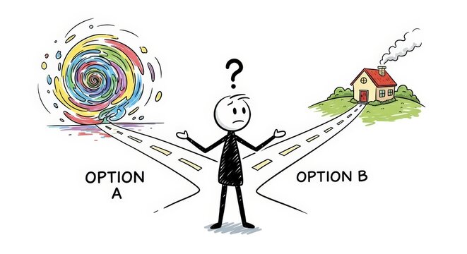 Stick Figure Man Confused at Crossroads Choosing Between Chaos and Home Illustration