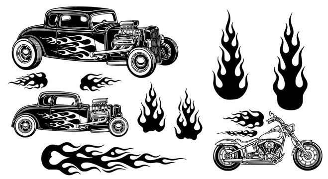 Silhouettes. Vintage hot rods and flames. Vector illustration, JPEG version.