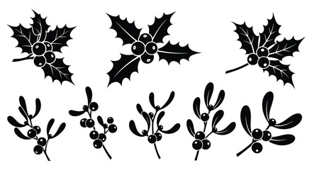 Black and white holly and mistletoe botanical illustrations a silhouette © Jesmin