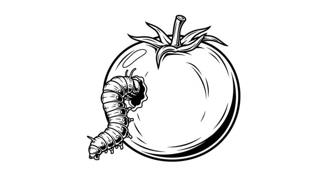 Illustration of a caterpillar eating a tomato with a bite mark.