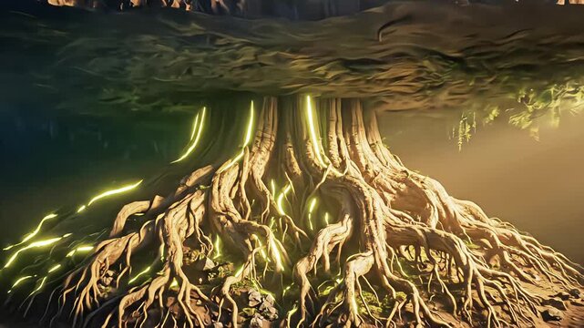 Surreal cross section of a modern glass skyscraper with massive glowing tree roots growing deep into the earth symbolizing sustainable architecture and a strong foundation