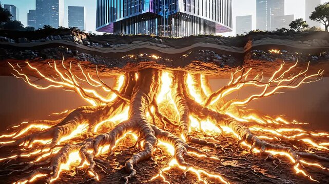 Futuristic modern city building with a glowing fiery root system spreading underground in a surreal cross section view representing a hidden energy network