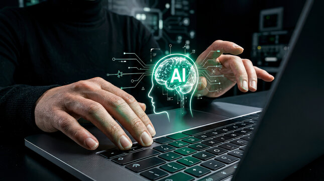 Profile of human head silhouette with brain ai logo glowing green on laptop keyboard background man