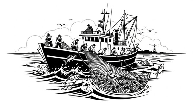 Fishing boat crew hauling in a large net full of fish.