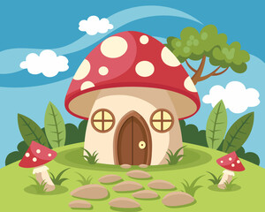 Fototapeta premium Fairytale Mushroom House on a Grassy Hill. Illustration.