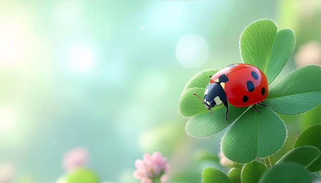 四つ葉のクローバーの上に止まる赤いてんとう虫のイラスト