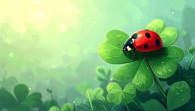 四つ葉のクローバーの上に止まる赤いてんとう虫のイラスト