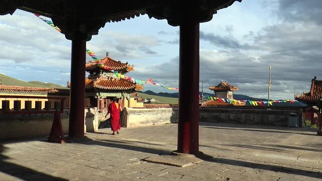 Selenge, Mongolia - September 4, 2013: The atmosphere of an old Buddhist monastery in Mongolia. Amarbayasgalant Monastery, summer sunny day.