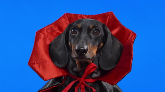 A dachshund dog draped in a dramatic Dracula cape holds an innocent gaze that fools nobody, the most dangerously adorable vampire ready for any Halloween scene.