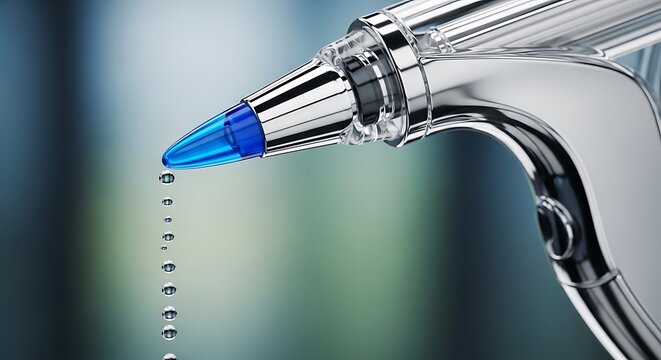 Chrome pen tip with blue accent and falling water drops