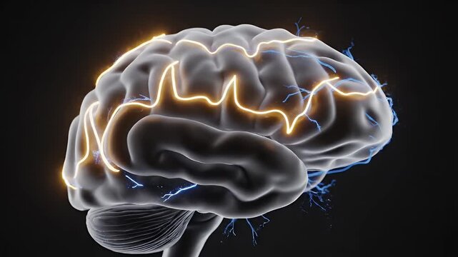 CGI Human Brain Cross Section with Glowing Neural Pathways and Abstract Signal Waves Dark Background