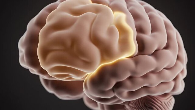 CGI Rendering Of Human Brain With Glowing Temporal Lobe On Dark Background Detailed Anatomy Medical Illustration