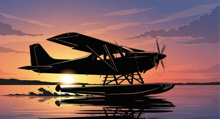 Seaplane Silhouette at Sunset on Water. © prastyo