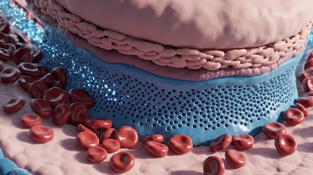 Cinematic 3D Visualization of Blood Flow Through Artery With Red Blood Cells And Blue Particulate Matter