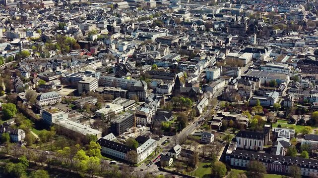 An aerial panorama view of the old town in the city Trier, on a sunny early spring noon in Germany beside the river Mosel.