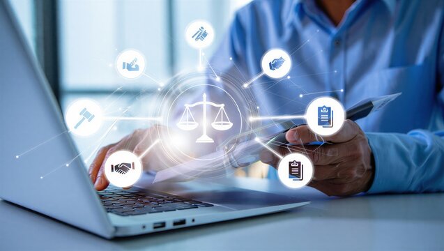 Legal and governance concept showing businessman with holographic justice, law, and compliance icons, symbolizing corporate law, regulations, and balanced authority