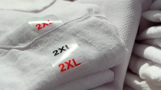 Close up video. 60 fps. Sticker with red, black 2XL, 2 XL size sign on casual clothes, white t-shirt. Concept of 11 november, retail, oversize, buying in retail store, shop, fashion, Black Friday sale