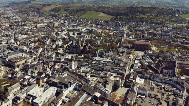An aerial panorama view of the old town in the city Trier, on a sunny early spring noon in Germany beside the river Mosel.