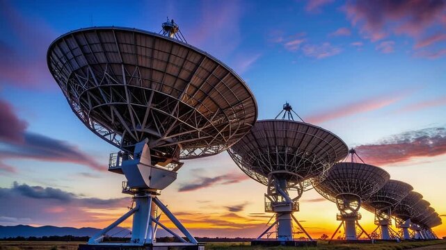 Group of visitors observing large satellite dishes during vivid sunset in open landscape