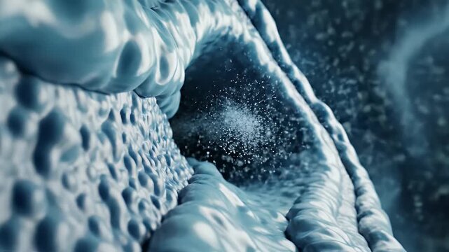 Close up CGI view inside the nasal cavity showing thickened mucus and airborne particles in a dark blue and white environment
