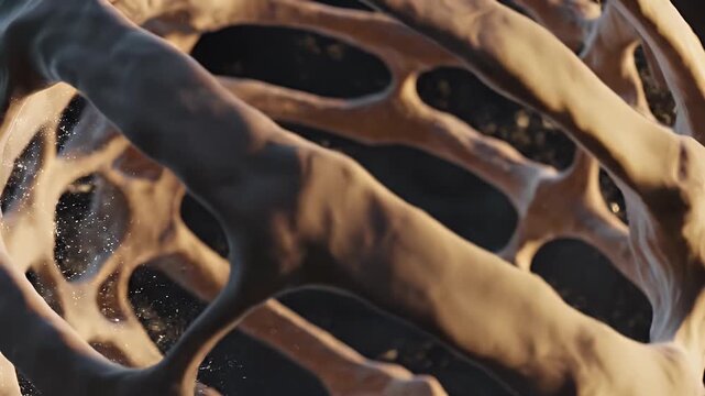 Close Up Cinematic CGI of Healthy Cancellous Bone Structure Microscopic View with Golden Particles and Soft Lighting