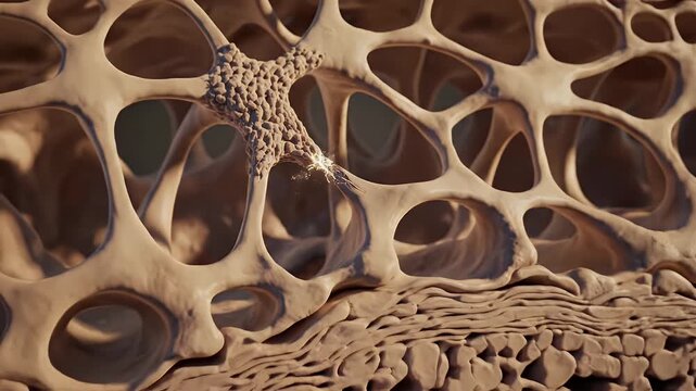 Close Up Cinematic View of Healthy Bone Trabecular Structure with Golden Light Particles