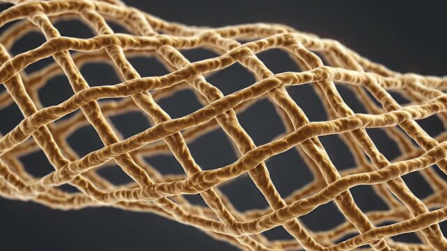 Close Up Macro View of Tan Elastin Fiber Network Mesh on Dark Background Subtle Lighting