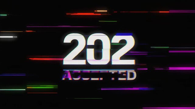 Glitch style digital screen displaying 202 Accepted HTTP status code with neon distortion on dark background wallpaper
