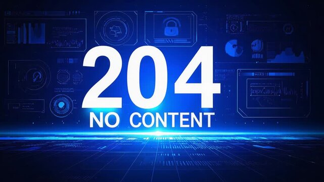 Blue futuristic dashboard interface showing 204 No Content HTTP status code over global data network background wallpaper
