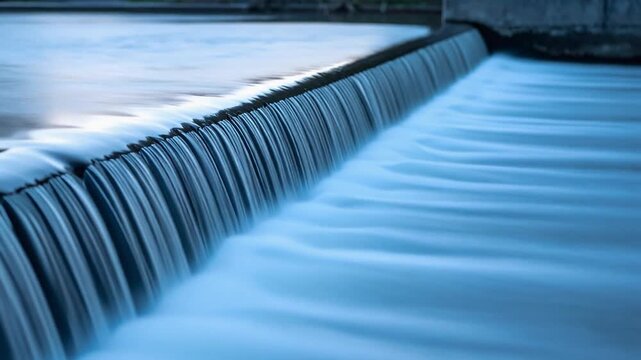 Close up view of flowing water over small dam creating smooth blue texture