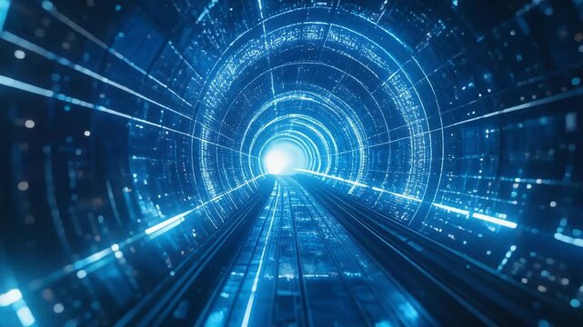 Futuristic data corridor with bright circular portal and streaming light effects