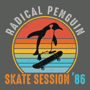 Radical Penguin Skate Session 86 - Skateboarding penguin with retro sun and vintage text