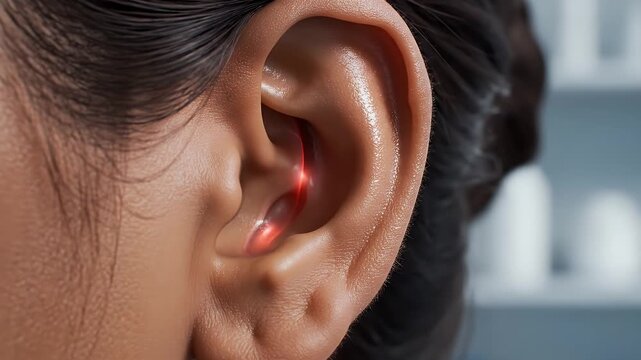 Close Up Of A Human Ear With Red Glow In Ear Canal Under Warm Indoor Lighting