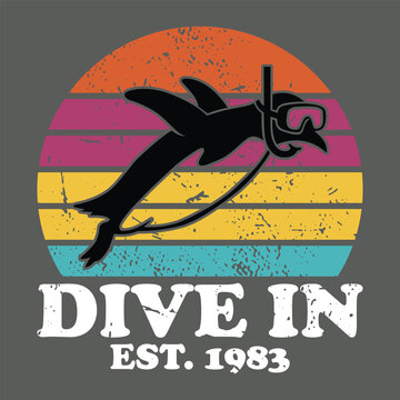 Dive In Est 1983 - Snorkeling penguin swimming with retro sunset background